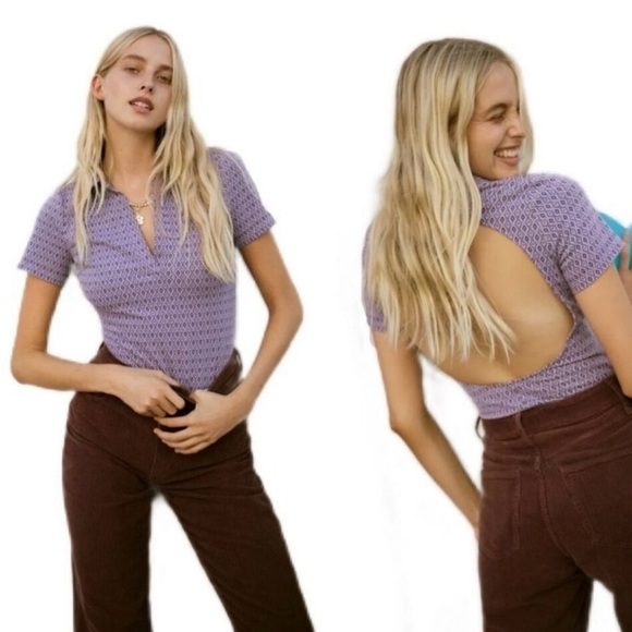 Zara Purple Geometric Patterned Bodysuit with Collar and v neck -Size XXL NWOT - Picture 1 of 12